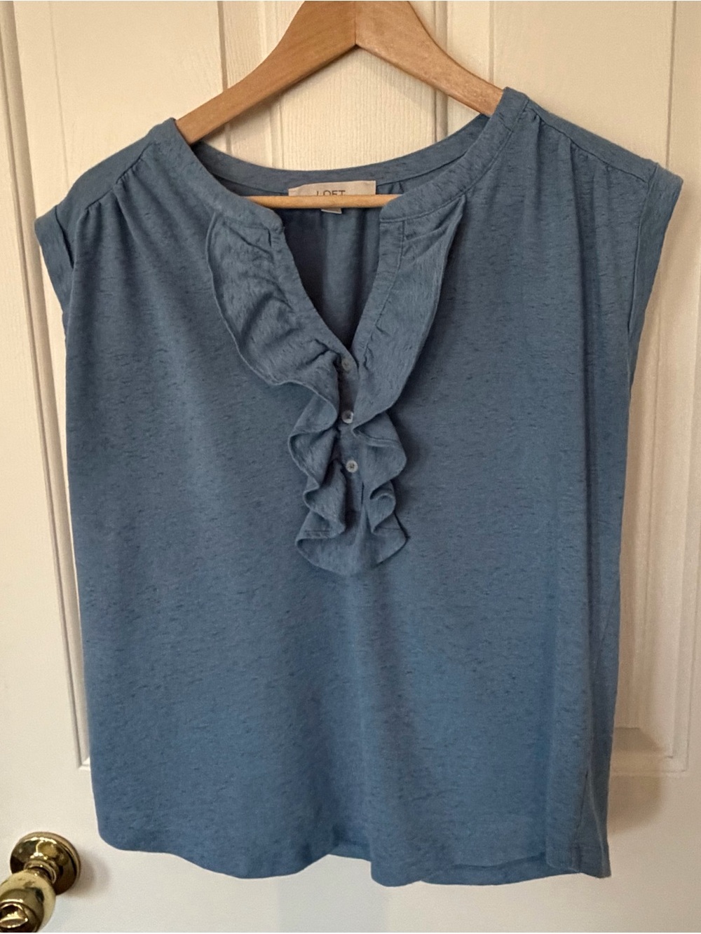 LOFT Dusty Blue Sleeveless Ruffle Front Top